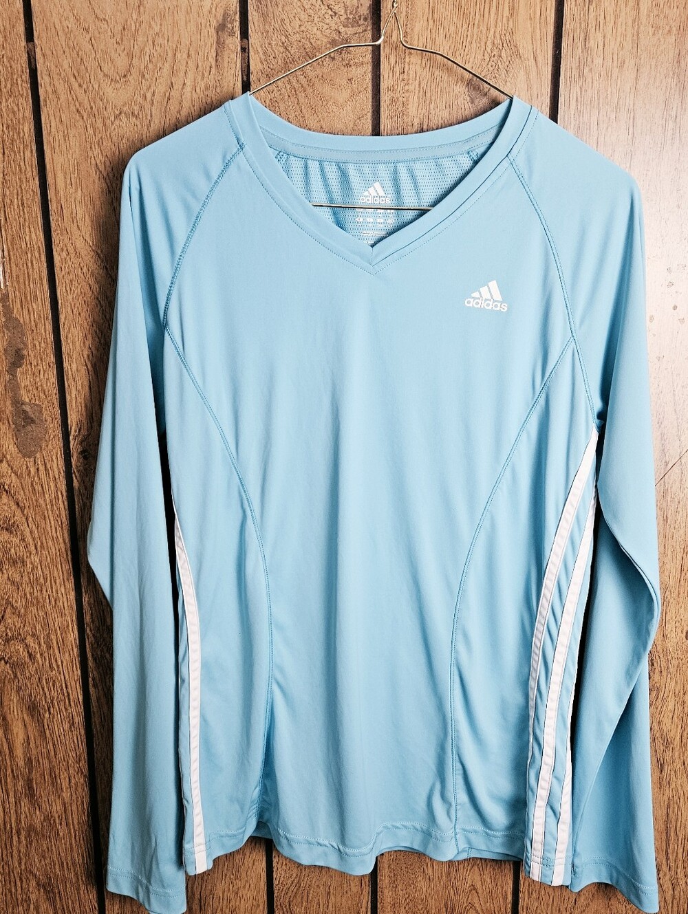 Women's Adidas Climalite V-neck long-sleeve athletic top lightweight 3-stripe lg